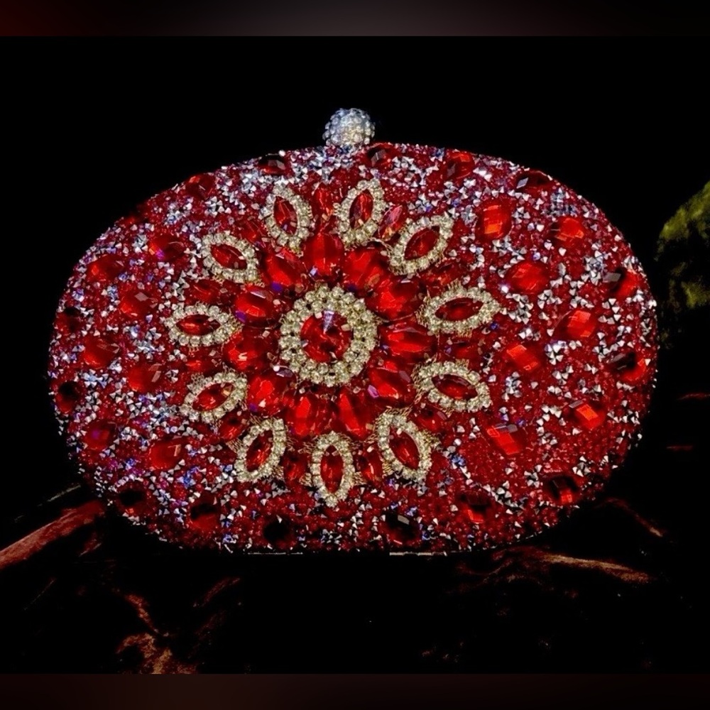 RAMLA  Crystal Beaded Red Oval Clutch Gold Chain Strap Top Handle